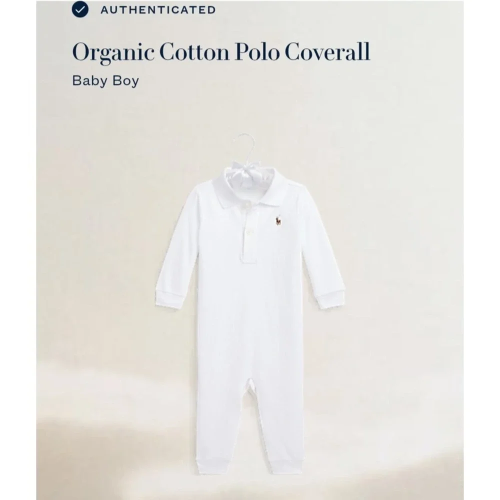 Ralph Lauren Coverall Baby Boy 12M White Organic Cotton Polo Long Sleeve Romper